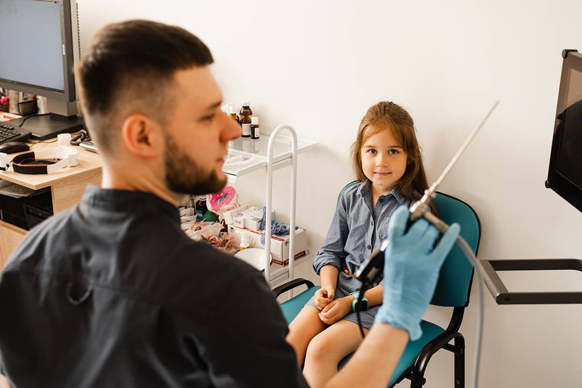 Nasal endoscopy is a minimally invasive procedure that can be used to diagnose inferior turbinate hypertrophy in children.