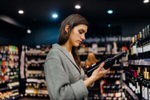 Woman examining a wine bottle in a store aisle, checking the label carefully.