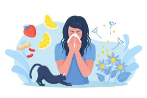 Graphic depiction of a woman coughing and allergens around her