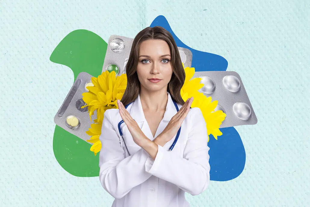 Female doctor crossing her arms with medications that should be avoided before an allergy test.