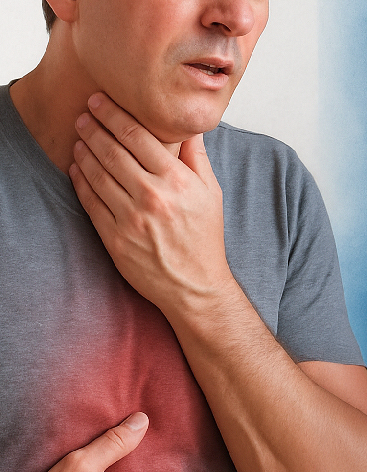 Man experiencing throat and chest discomfort, illustrating common risk factors for laryngopharyngeal reflux