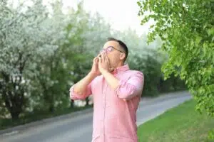 Man sneezing outdoors during Princeton tree pollen allergy season, surrounded by blooming trees and spring foliage.