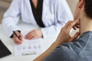 Man discussing allergy symptoms with a specialist during evaluation for personalized allergy testing approach.