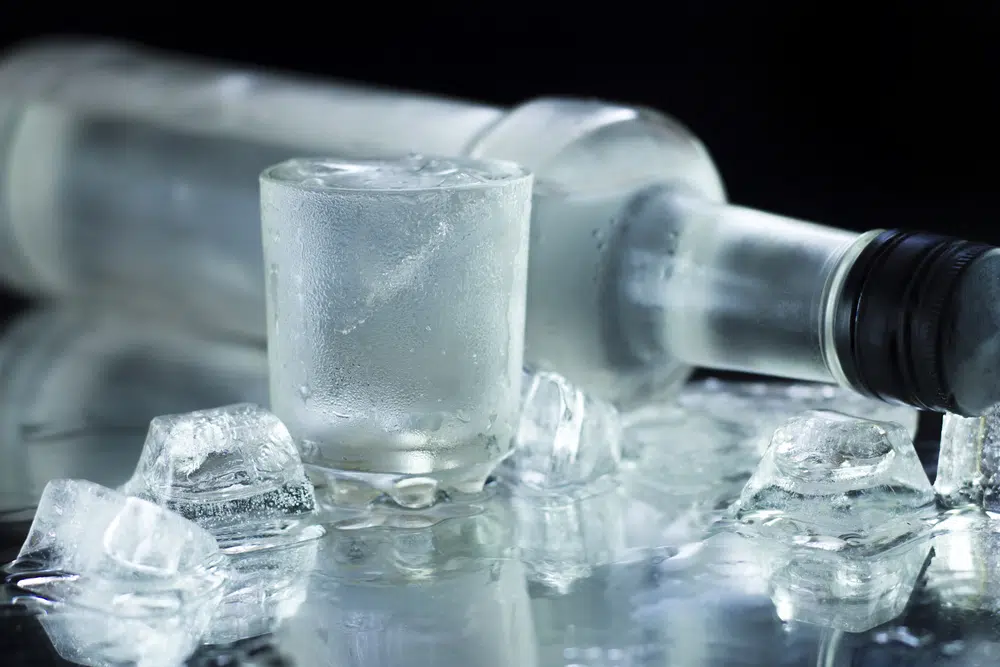 Frosted vodka bottle and shot glass with ice cubes, illustrating alcohol allergy and intolerance discussion.