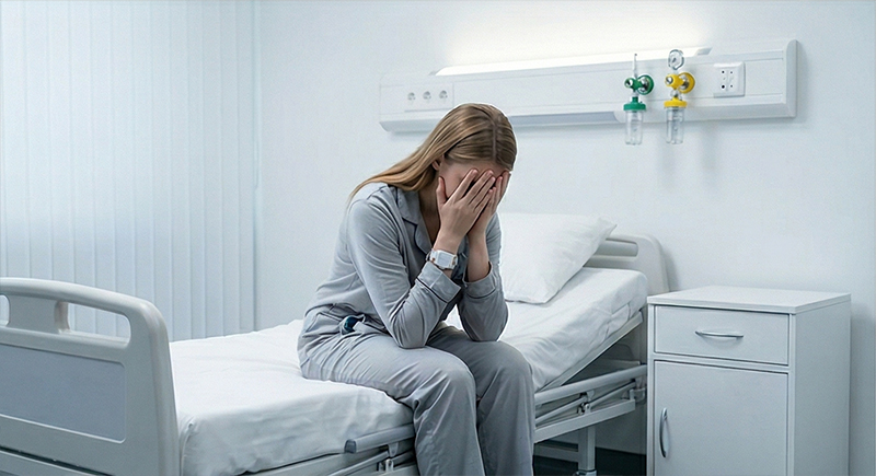 Woman sitting on hospital bed appearing fatigued, illustrating excessive daytime sleepiness and idiopathic hypersomnia symptoms