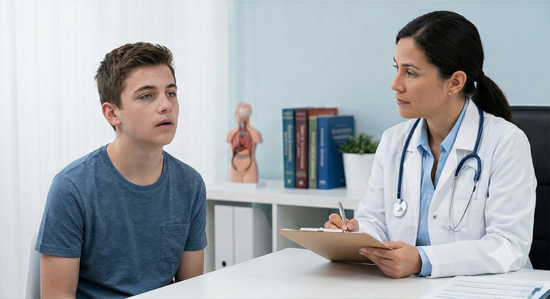 Teen patient consulting doctor about excessive sleep episodes, representing Kleine-Levin syndrome and cognitive symptoms