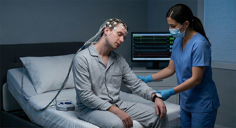 Patient undergoing sleep study with EEG electrodes while clinician monitors data, representing narcolepsy diagnosis and sleep disorder evaluation
