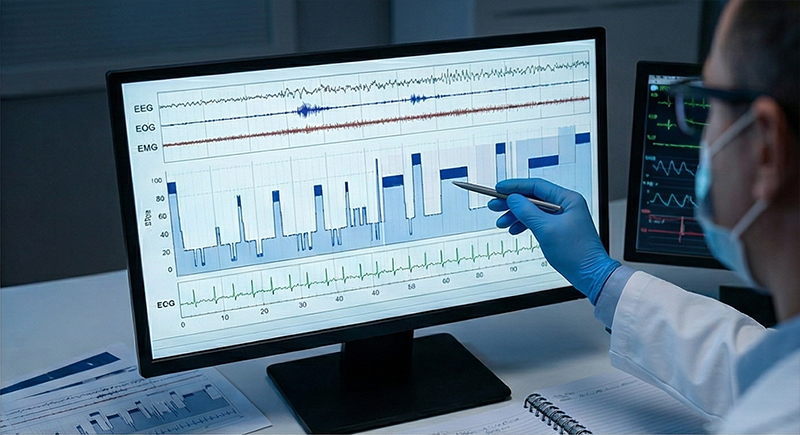 Clinician analyzing sleep study data on monitor, illustrating diagnosis of narcolepsy type 2 with MSLT and brain activity tracking