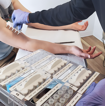 Clinician performing allergy skin test on patient’s forearm with testing panel in ENT clinic setting