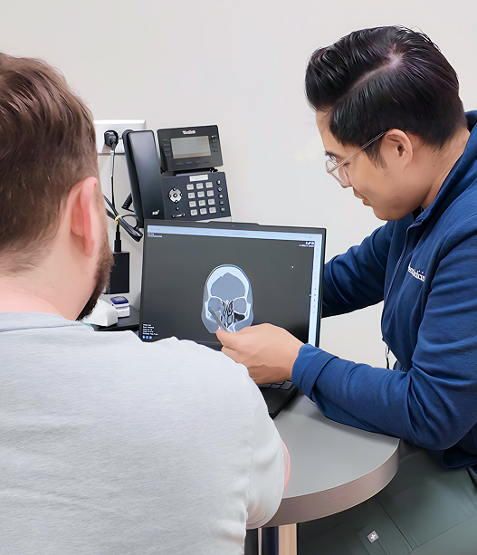 Doctor explains sinus CT scan to patient during consultation for nasal congestion and chronic sinus issues.