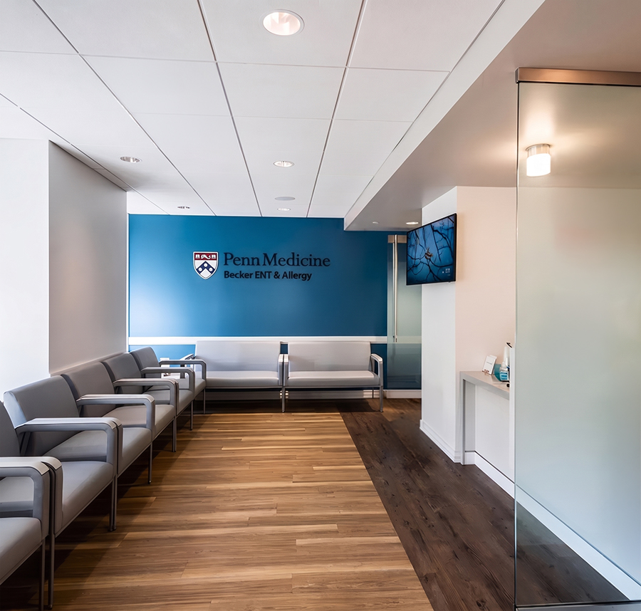 Modern Penn Medicine Becker ENT & Allergy waiting room with seating, clean design, and patient care environment